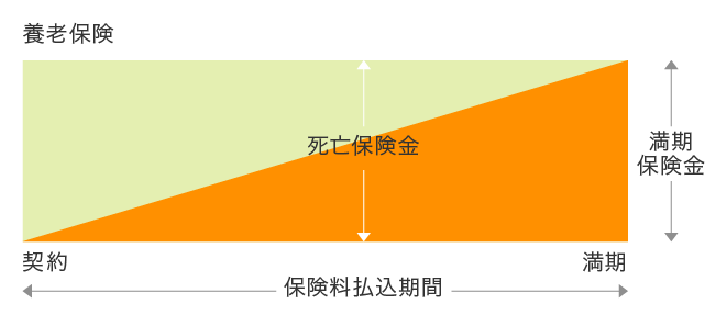 養老保険のイメージ図。死亡保険金の額と満期保険金が同額の保険商品