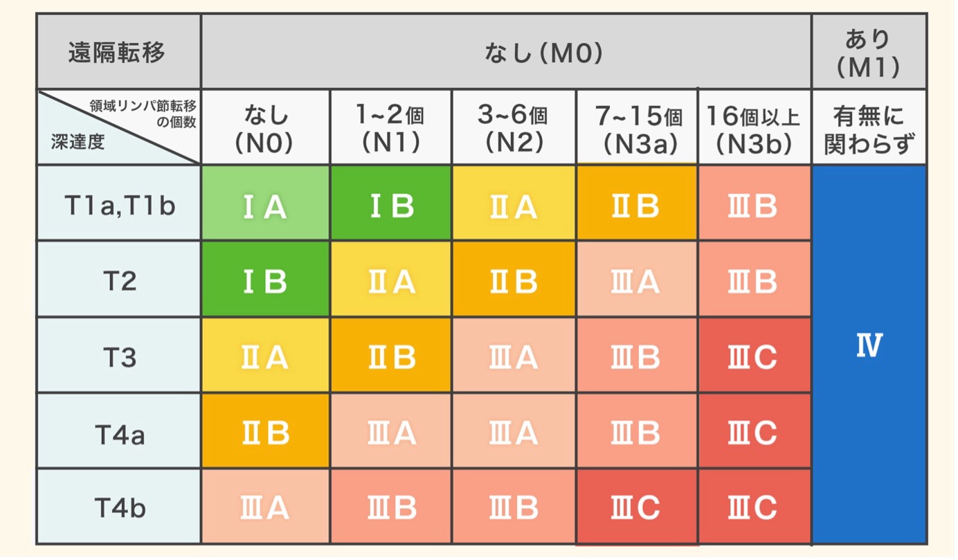 胃がんの進行度の分類の表。深達度T1a, T1b:領域リンパ節転移の個数なし(N0)はIA、領域リンパ節転移の個数1〜2個(N1)はIB、領域リンパ節転移の個数3〜6個(N2)はIIA、領域リンパ節転移の個数7〜15個(N3a)はIIB、領域リンパ節転移の個数16個以上(N3b)はIIIB、深達度T2:領域リンパ節転移の個数なし(N0)はIB、領域リンパ節転移の個数1〜2個(N1)はIIA、領域リンパ節転移の個数3〜6個(N2)はIIB、領域リンパ節転移の個数7〜15個(N3a)はIIIA、領域リンパ節転移の個数16個以上(N3b)はIIIB、深達度T3:領域リンパ節転移の個数なし(N0)はIA、領域リンパ節転移の個数1〜2個(N1)はIIB、領域リンパ節転移の個数3〜6個(N2)はIIIA、領域リンパ節転移の個数7〜15個(N3a)はIIIB、領域リンパ節転移の個数16個以上(N3b)はIIIC、深達度T4a:領域リンパ節転移の個数なし(N0)はIIB、領域リンパ節転移の個数1〜2個(N1)はIIIA、領域リンパ節転移の個数3〜6個(N2)はIIIA、領域リンパ節転移の個数7〜15個(N3a)はIIIB、領域リンパ節転移の個数16個以上(N3b)はIIIC、深達度T4b:領域リンパ節転移の個数なし(N0)はIIIA、領域リンパ節転移の個数1〜2個(N1)はIIIB、領域リンパ節転移の個数3〜6個(N2)はIIIB、領域リンパ節転移の個数7〜15個(N3a)はIIIC、領域リンパ節転移の個数16個以上(N3b)はIIIC、遠隔転移あり(M1)の場合は深達度と領域リンパ節転移の個数に関わらず、すべてIV期。