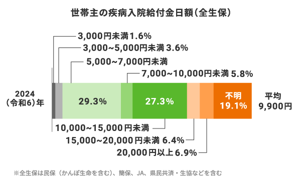 世帯主の疾病入院給付金日額（全生保）。2024（令和6）。平均：9,900円。年3,000円未満：1.6%、3,000円～5,000円未満：3.6%、5,000円～7,000円未満：29.3%、7,000円～10,000円未満：5.8%、10,000円～15,000円未満：27.3%、15,000円～20,000円未満：6.4%、20,000円以上：6.9%、不明：19.1%。※全生保は民保（かんぽ生命を含む）、簡保、JA、県民共済・生協などを含む