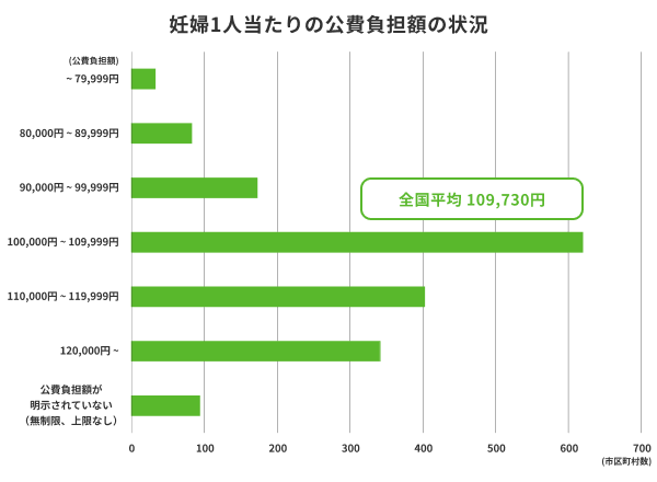 妊婦1人当たりの公費負担額の状況を示すグラフ。全国平均は109,730円、79,999円以下は32市町村、80,000円~89,999円は82市町村、90,000円~99,999円は172市町村、100,000円~109,999円は619市町村、110,000円~119,999円は402市町村、120,000円以上は341市町村、公費負担額が明示されていない(無制限、上限なし)は93市町村。