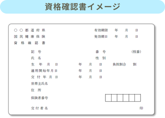 資格確認書イメージ。資格確認書には、従来の健康保険証のように、氏名、生年月日、加入先の公的医療保険制度名、保険者番号などが記載されています